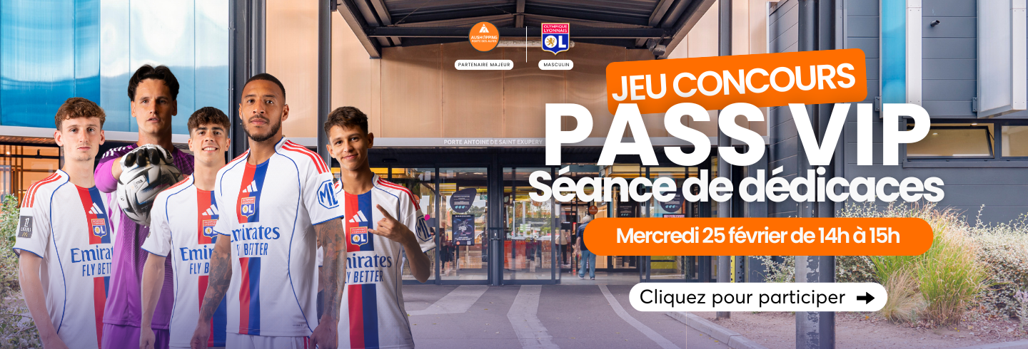Visuel du jeu concours Séance de dédicaces avec le centre commercial Aushopping Porte des Alpes avec des joueurs de l’Olympique Lyonnais annonçant des places VIP pour une séance de dédicaces.
