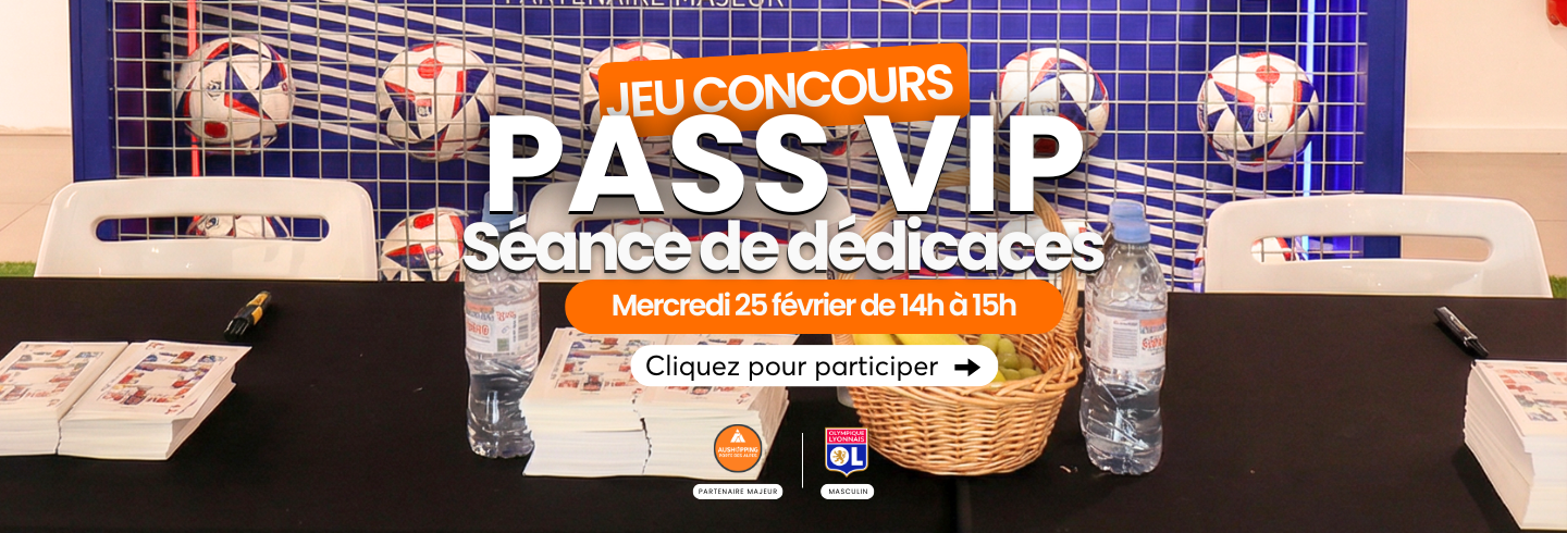 Bannière du jeu concours  pour une séance de dédicaces avec les joueurs de football de l'OL au centre commercial Aushopping Porte des Alpes, le mercredi 25 février de 14h à 15h.