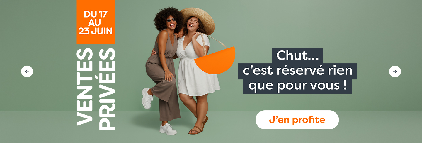 Bannière promotionnelle pour des ventes privées du 17 au 23 juin, montrant deux femmes souriantes en tenue estivale sur fond vert pastel, avec le message « Chut… c’est réservé rien que pour vous ! » et un bouton « J’en profite ».