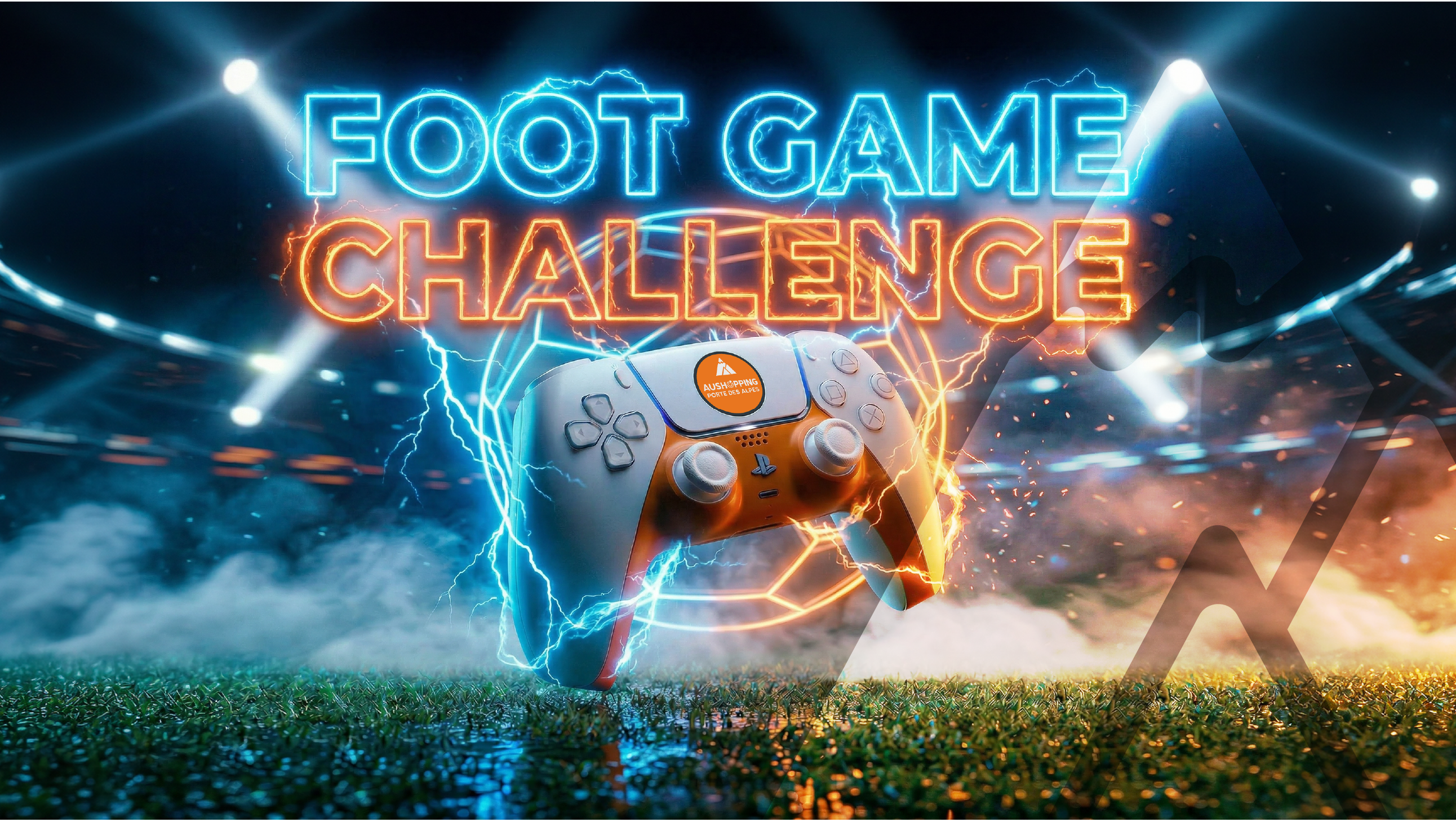 Visuel actualité événementielle “Foot Game Challenge” avec une manette de jeu au centre, entourée d’effets lumineux et électriques sur un terrain de football. Texte : “Du samedi 11 au samedi 18 avril, de 14h à 18h”.