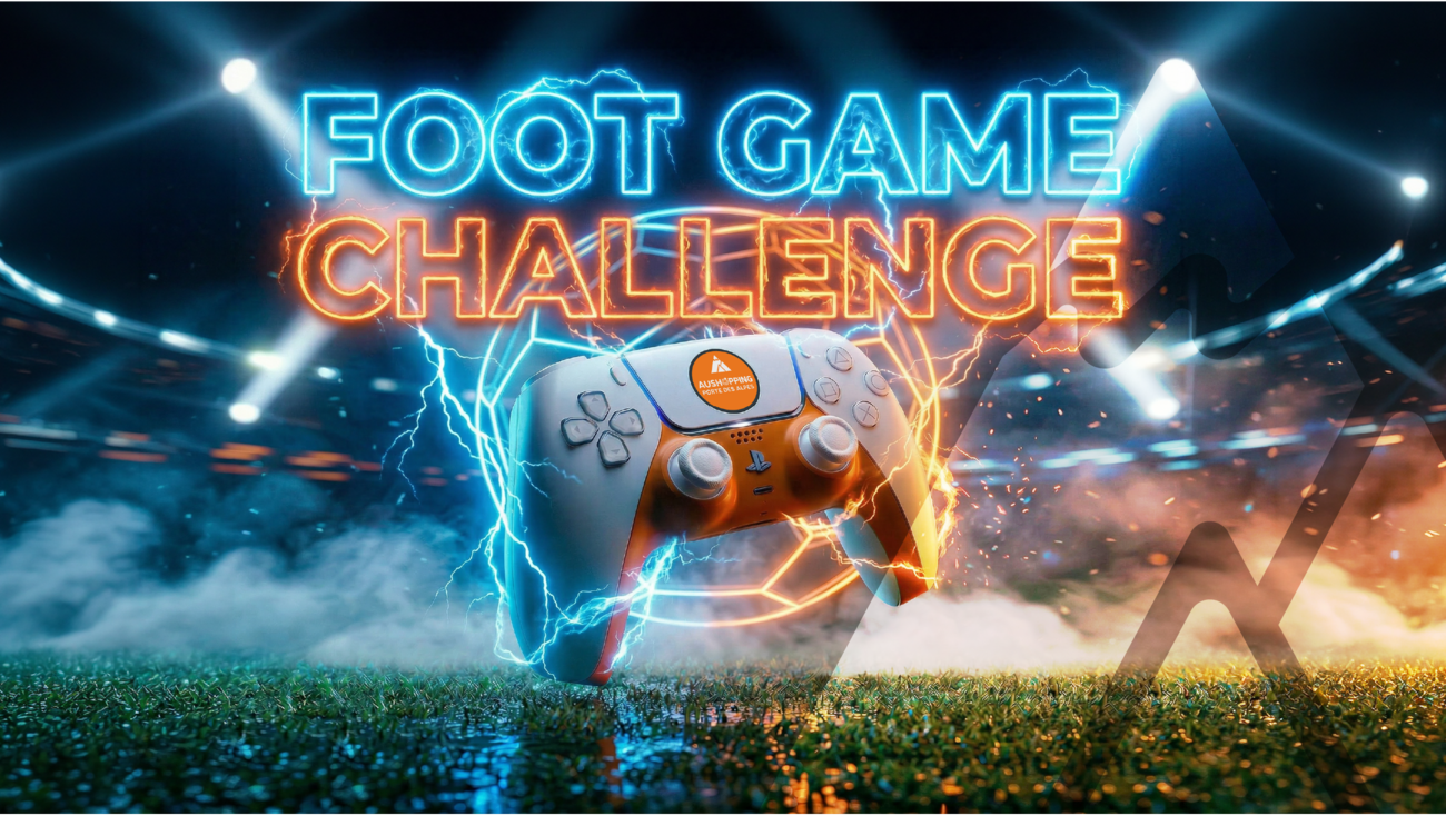 Visuel actualité événementielle “Foot Game Challenge” avec une manette de jeu au centre, entourée d’effets lumineux et électriques sur un terrain de football. Texte : “Du samedi 11 au samedi 18 avril, de 14h à 18h”.
