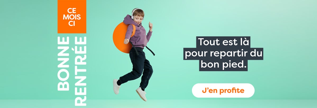 Bonne rentrée le 1er septembre : un garçon saute devant un fond vert, avec le message « Tout est là pour repartir du bon pied » et un bouton « En savoir plus ».