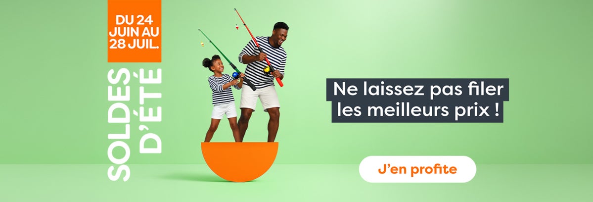 Bannière promotionnelle verte pour les soldes d’été du 24 juin au 28 juillet, montrant un adulte et un enfant tenant des cannes à pêche, avec le message « Ne laissez pas filer les meilleurs prix ! » et un bouton « J’en profite ».