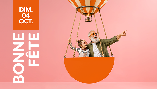 Visuel d'un papy avec sa petite-fille dans une montgolfière à l'occasion de la fête des grands-pères. Faites décoller la joie avec le bon cadeau pour la fête des grands-pères le 4 octobre 2026